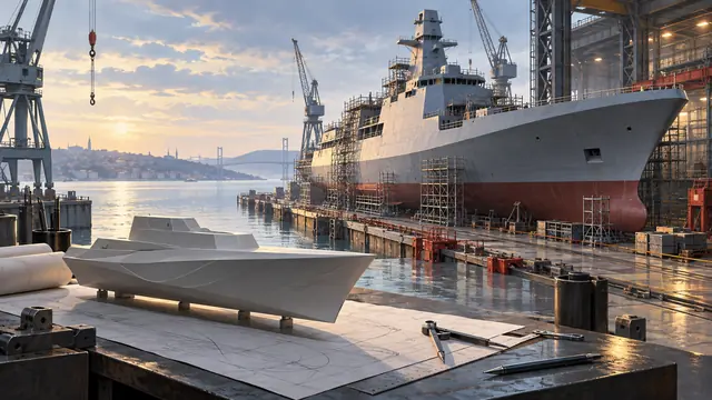 Conceptual illustration combining naval engineering and a shipyard setting.