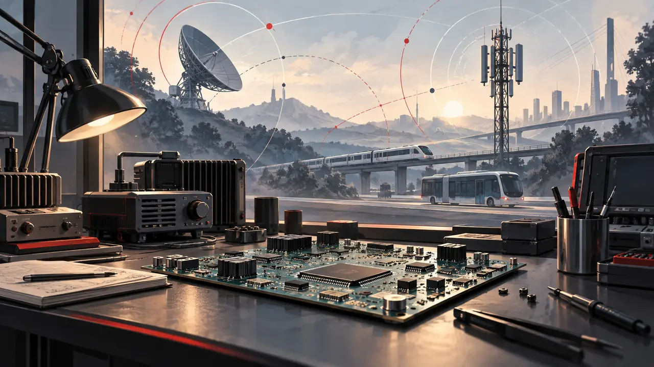 Conceptual illustration of an electronics research bench and communications equipment.