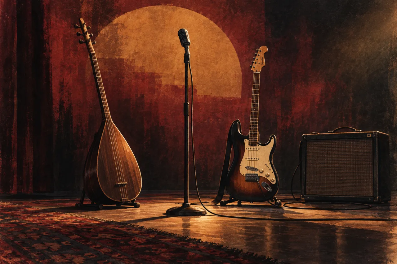 Bağlama, elektro gitar, mikrofon ve amplifikatörün bulunduğu boş sahneyi gösteren özgün editoryal illüstrasyon