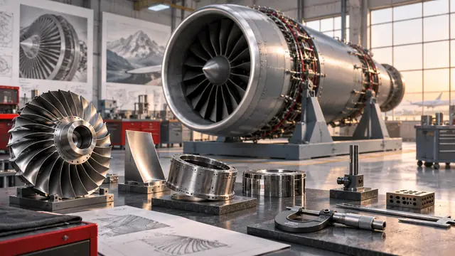 Conceptual aerospace-engineering illustration featuring a generic engine and components.