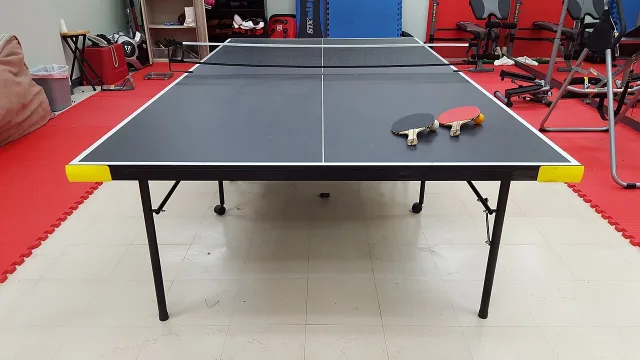 A table-tennis table, net and two rackets