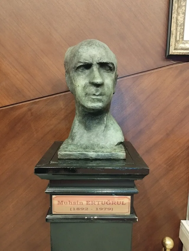 A commemorative bust of Muhsin Ertuğrul; not a lifetime portrait photograph