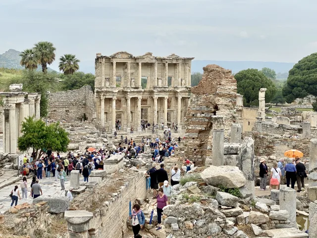The façade of the Library of Celsus and visitors at Ephesus, 23 May 2023
