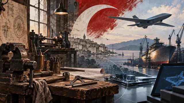 A conceptual industrial-history montage: workshop, electronics, aviation and maritime industry.