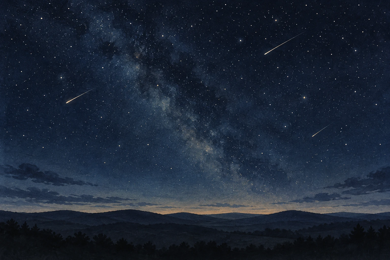 Illustration of three light streaks in a dark textured sky above a generic hilly horizon.