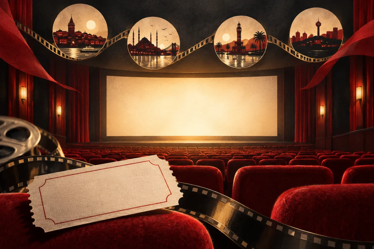 Conceptual illustration of a film strip reaching four cities and cinema seats.