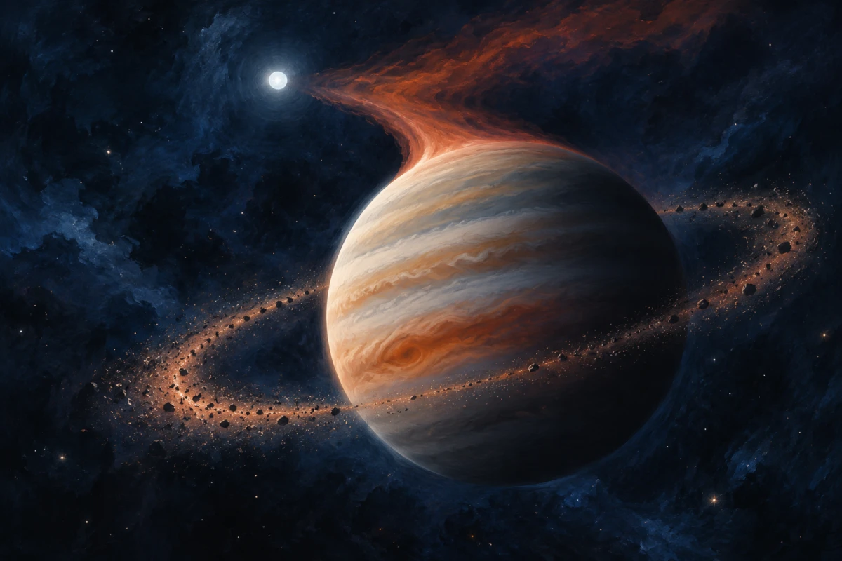 Conceptual AI illustration of a small bright white dwarf, hypothetical banded gas giant and schematic material streams; not an observation image.