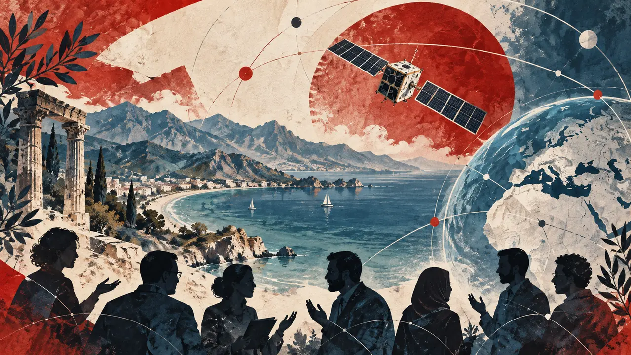 AI illustration combining a satellite, coastal scenery and silhouettes in discussion.