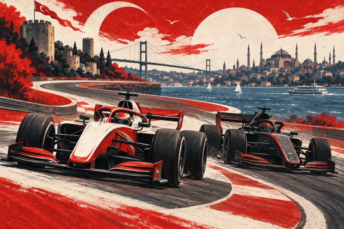 AI illustration of two race cars on an imaginary waterfront track, a Turkish flag and a stylised Istanbul skyline.