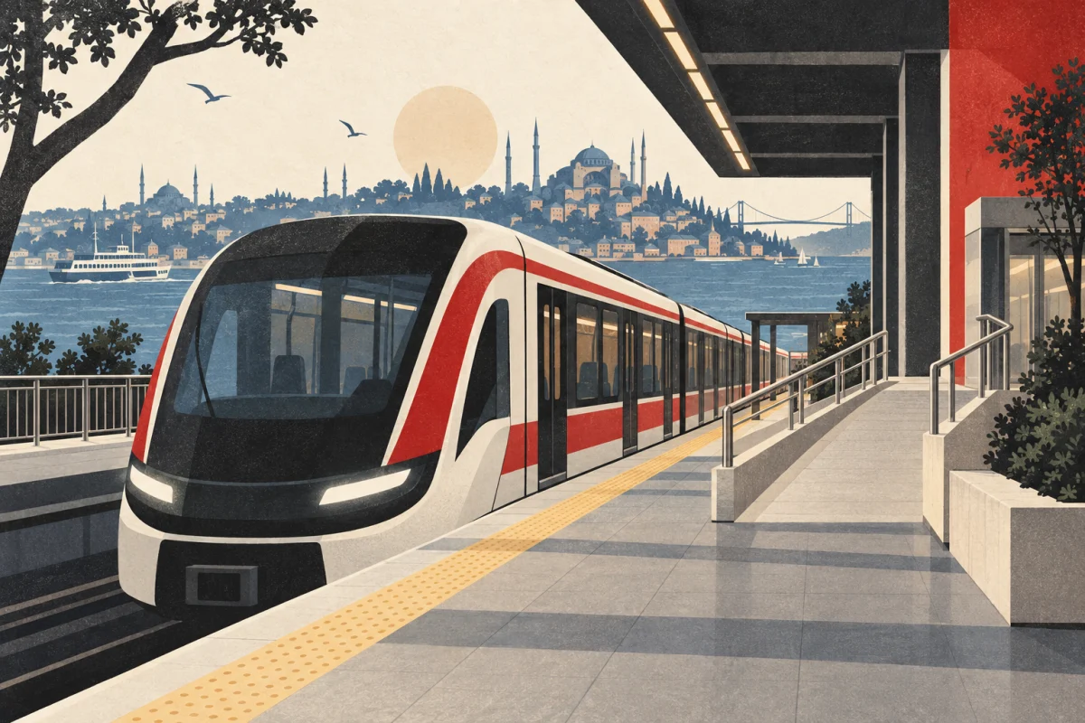 Textured-paper illustration of an imaginary train, platform and ramp against an Istanbul skyline.