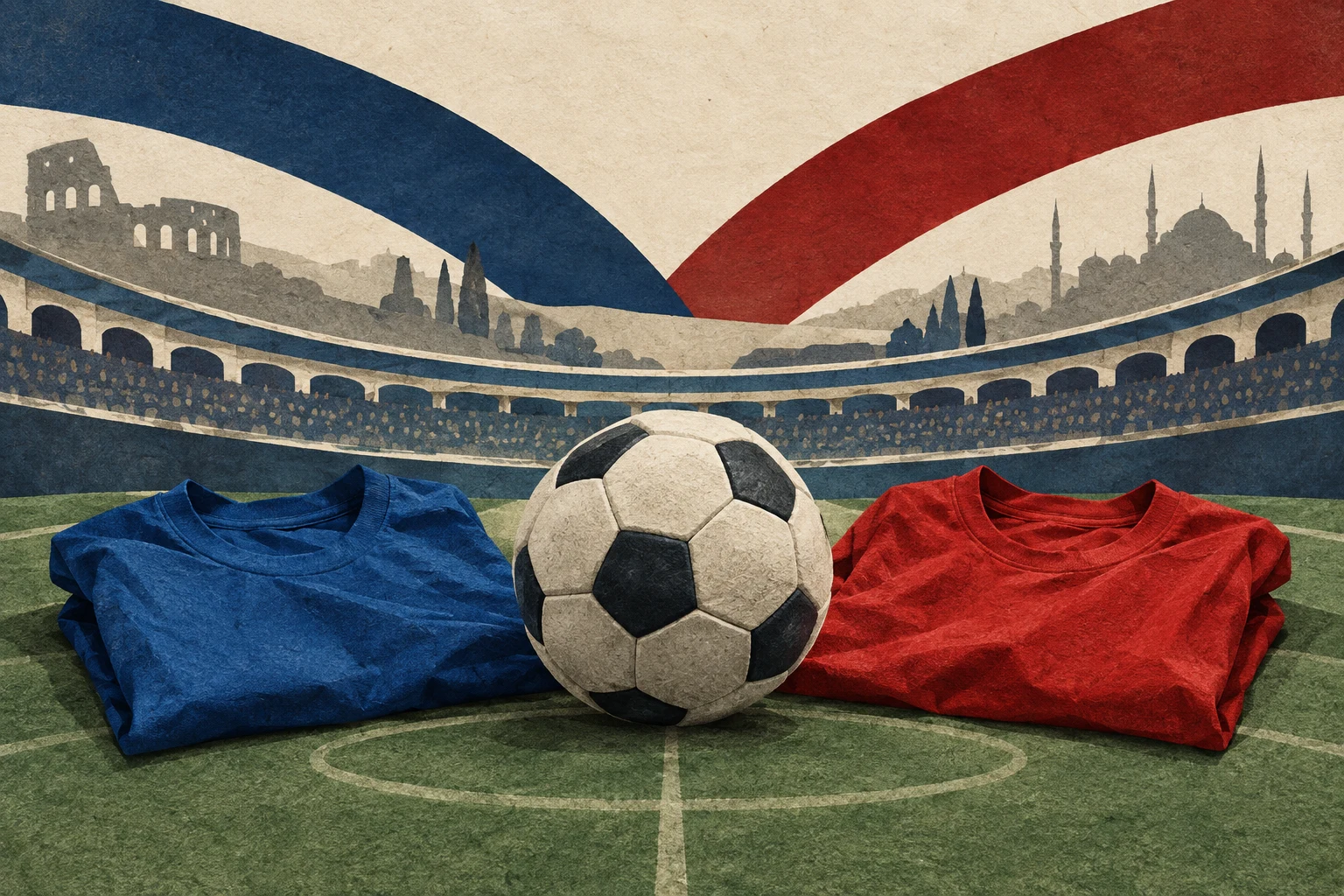 AI collage of blue-red shirts and a ball before an imaginary stadium.