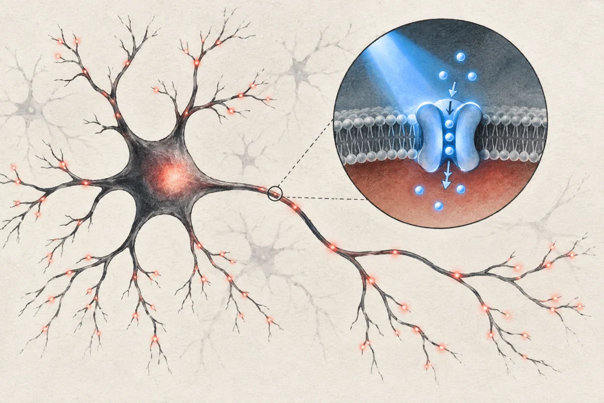 Illustrated neuron on textured paper beside a conceptual membrane channel and blue light.