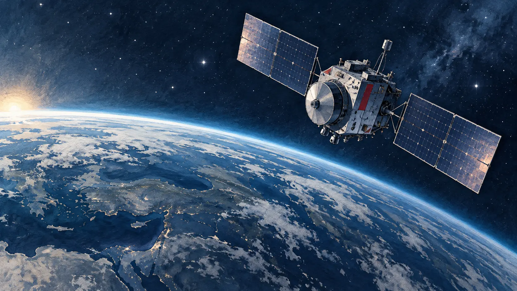 Editorial illustration representing small-satellite research.