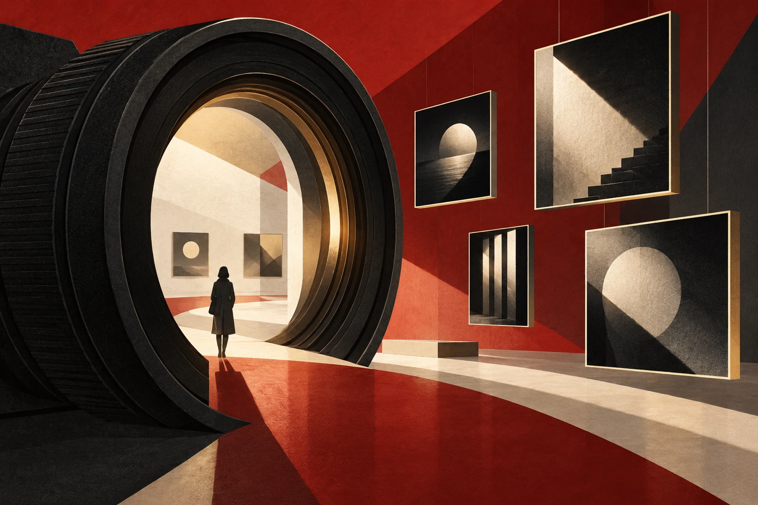 A large camera lens, abstract picture frames and one visitor silhouette in red, white and dark tones.