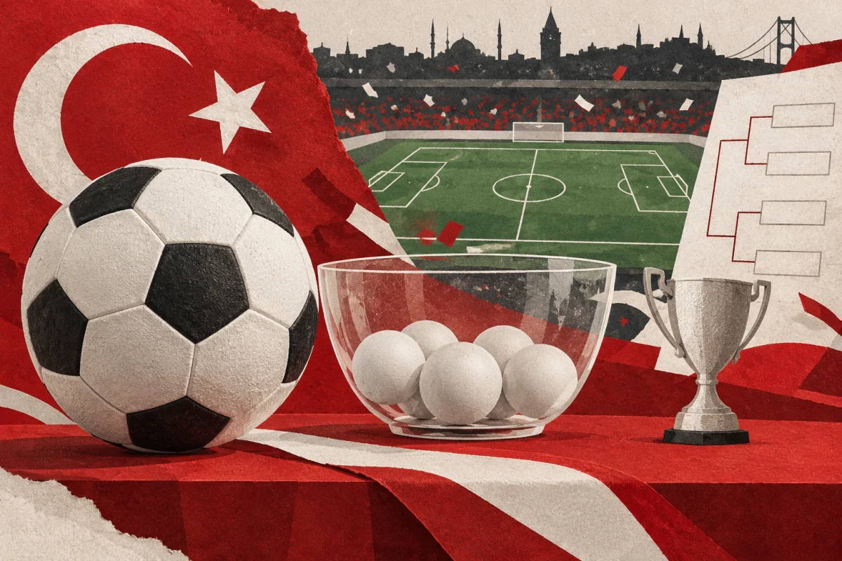 Stylized illustration of a football, draw bowl, generic cup and empty pairing lines.