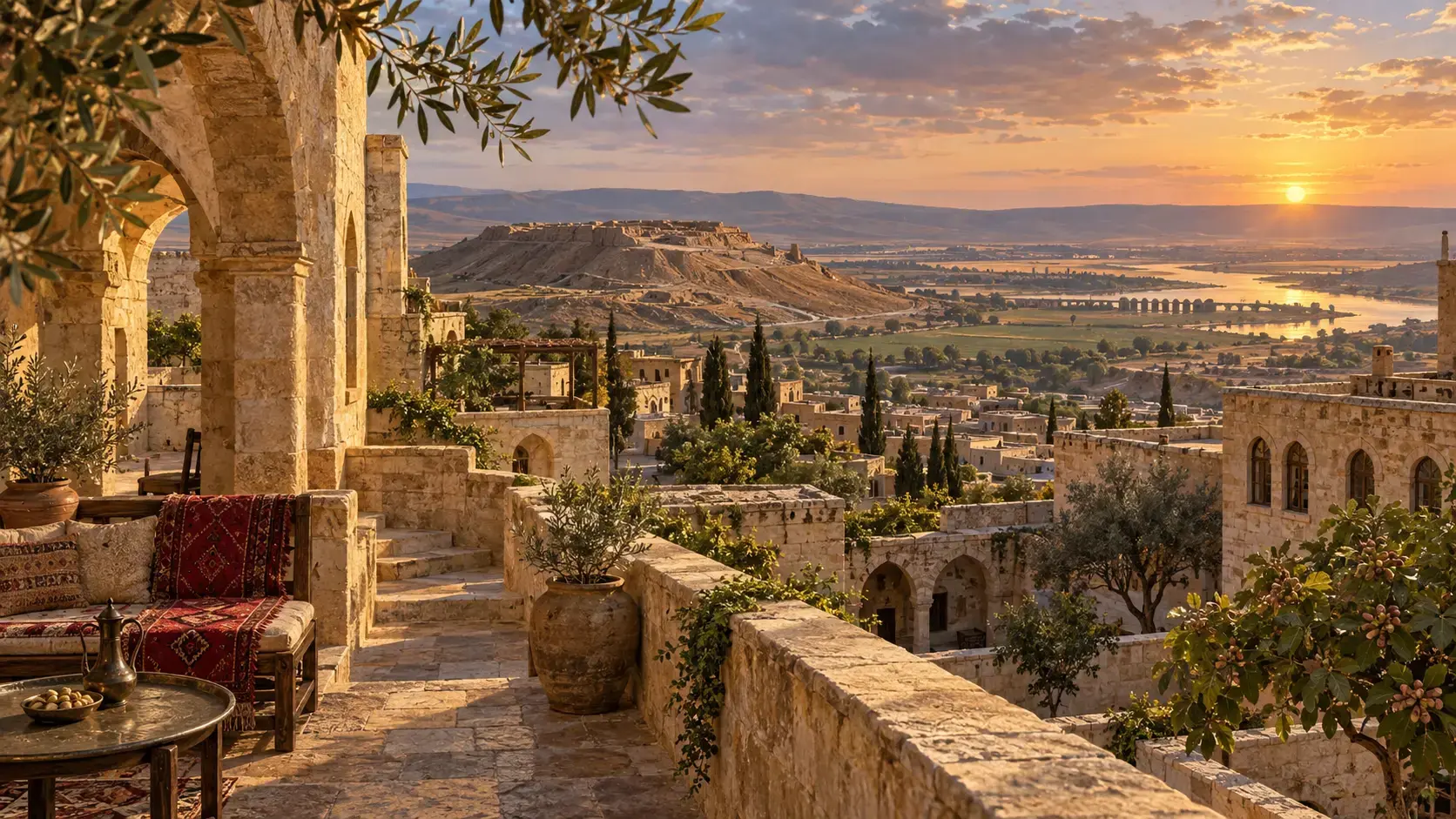 Conceptual Southeastern Anatolia illustration combining stone streets, an archaeological mound and a distant plain